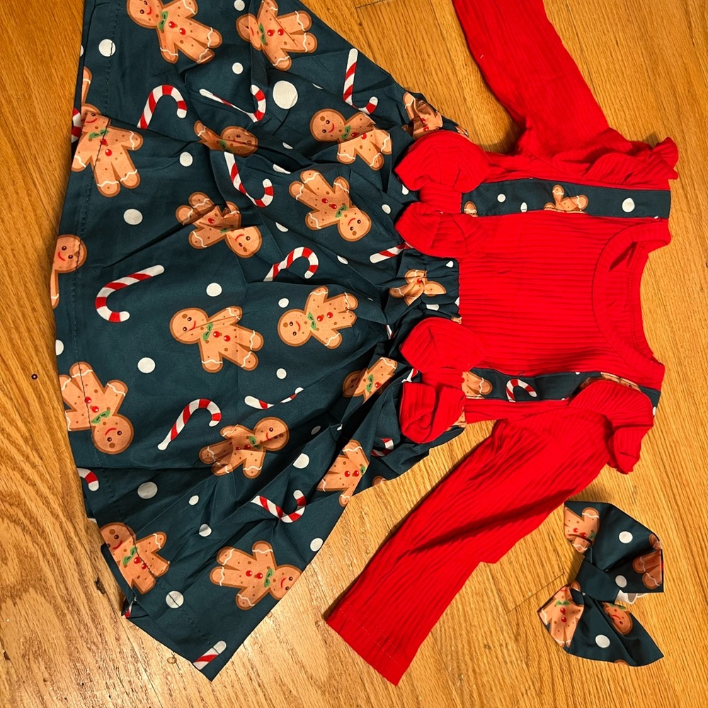 Festive Red and Green Gingerbread Dress with Bow - Picture 2 of 3